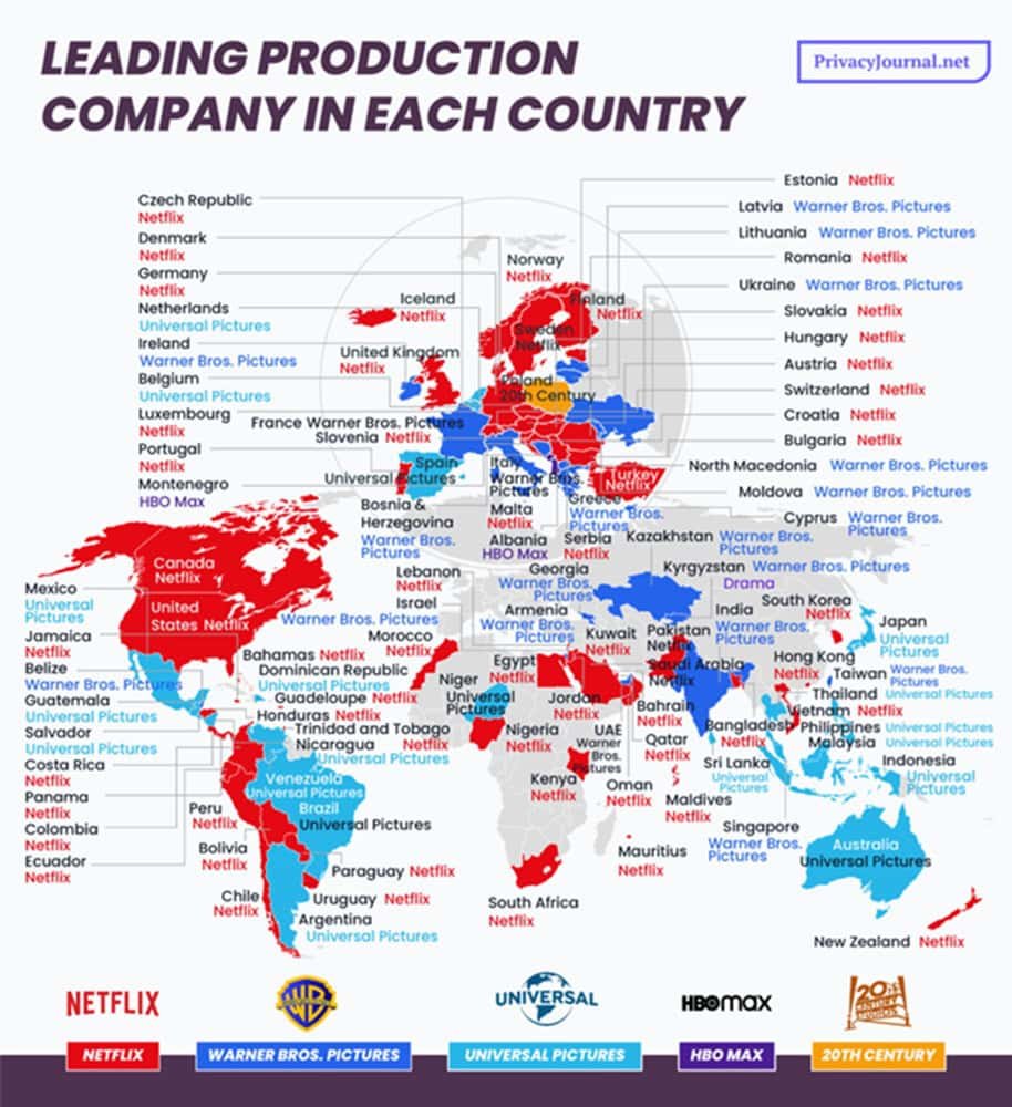levantamento do Privacy Journal sobre hábitos de consumo de streaming. imagem é um mapa mundi com as produtoras mais consumidas em cada pais